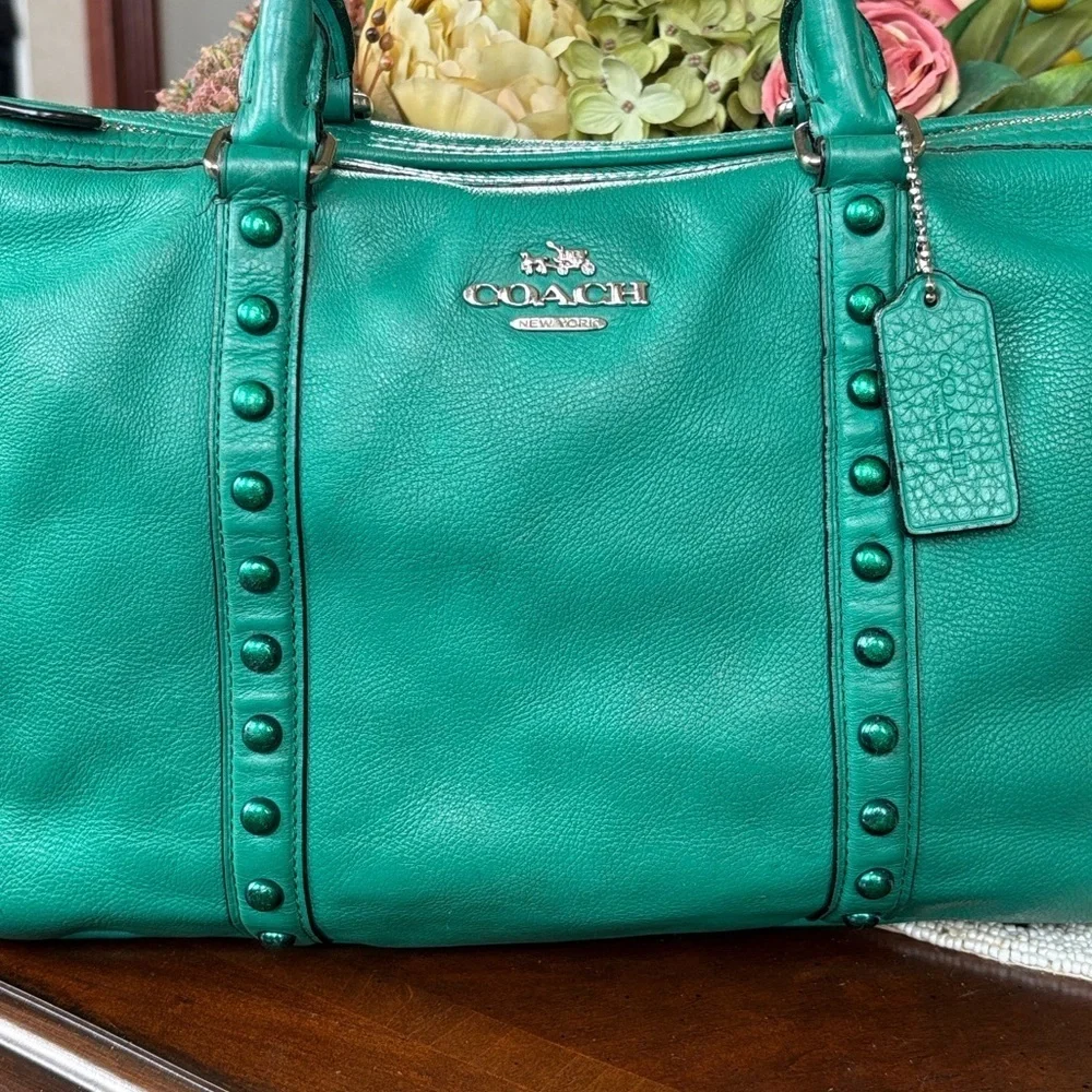 Coach Green Leather Handbag Central Satchel Rivet Leaf Enamel Studded